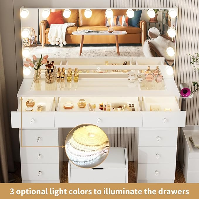 VOWNER Vanity with Lighted Mirror - Glass Top Makeup Vanity Desk with Lights and 11 Drawers, 3 Color Lighting Modes Adjustable Brightness, 46" Makeup Desk with Soft Cushioned Stool for Bedroom, White