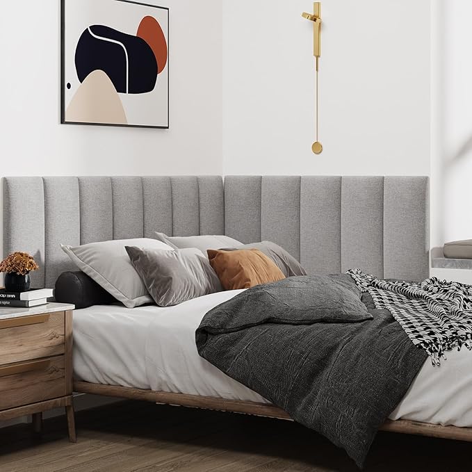IFNOW Upholstered Wall Mounted Headboard, 3D Soundproof Wall Panels Peel and Stick for Queen Size, Reusable and Removable Tufted Bed Headboard in Medium Grey (9 Panels, 10" x 24")