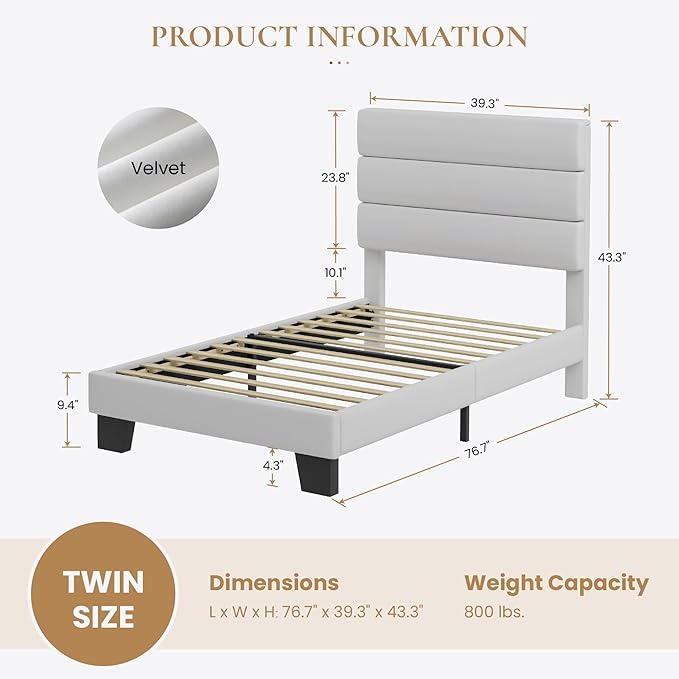 SHA CERLIN Twin Platform Bed Frame with Velvet Upholstered Headboard, Mattress Foundation with Strong Wooden Slats Support, No Box Spring Needed, White