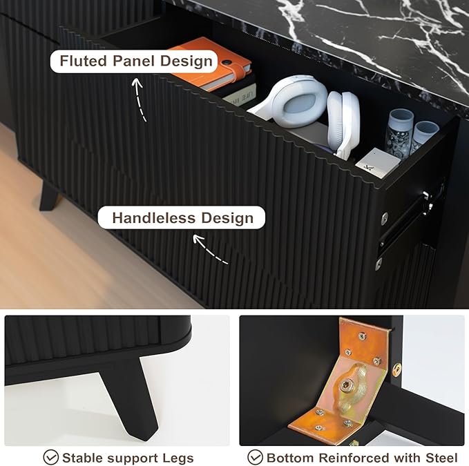 Fluted 6 Drawers Dresser for Bedroom,52" Wide Handleless Chest of Drawers with Faux Marble Top, Wooden Dresser TV Stand, Wood Drawer Organizer for Living Room, Hallway, Black