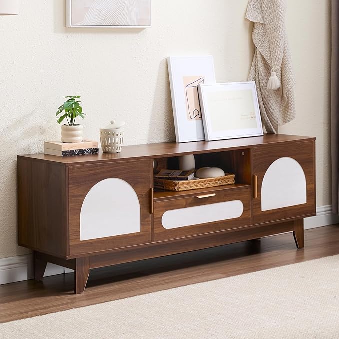 CANMOV 63" Mid Century Modern TV Stand for 60-70 inch TV, Entertainment Center with Storage & Drawer, Wooden Media TV Console for Living Room & Bedroom - Walnut