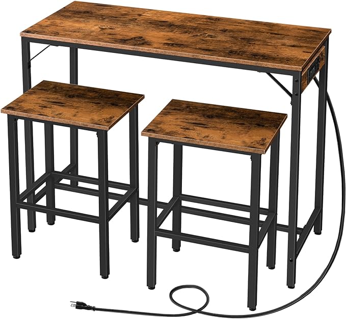 HOOBRO Bar Table and Chairs Set, 39.4" Dining Table Set with Power Outlet, 3-Piece Pub Table Set, Kitchen Bar Height Table with Stools of 2, Space Saving for Living Room, Rustic Brown BF45UBT01