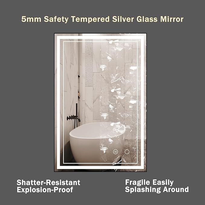 24" x 36" LED Bathroom Mirror with Lights Framed LED Mirror for Bathroom Backlit and Front Lighted Bathroom Mirror Black Square Aluminum Frame Anti-Fog Dimmable Adjustable Shatter-Proof