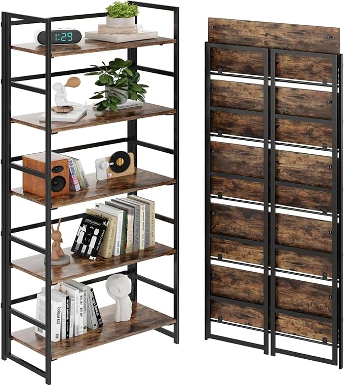 BHG Vintage Multifunctional Folding Bookshelf, No-Assembly Plant Stand Storage Rack Shelves for Home Office (Fire, 5-Tier)
