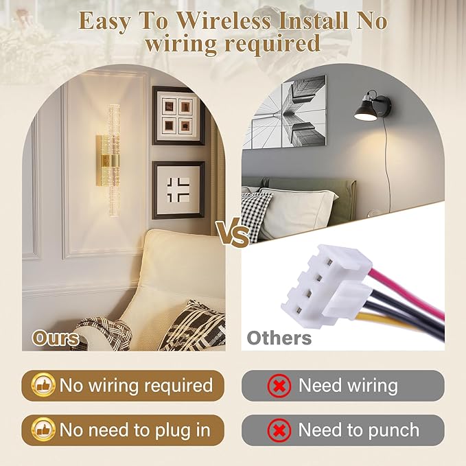 Battery Operated Gold Wall Sconces Set of 2 Rechargeable Battery Powered Wall Light with 12000mAh Not Hardwired Dimmable Wall Lamp Fixtures for Bedroom Living Room 20.9 Inches