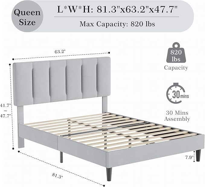 VECELO Queen Bed Frame with Upholstered Headboard, Heavy-Duty Platform Bedframe with Strong Wooden Slats Support, No Boxing Spring Needed, Light Grey