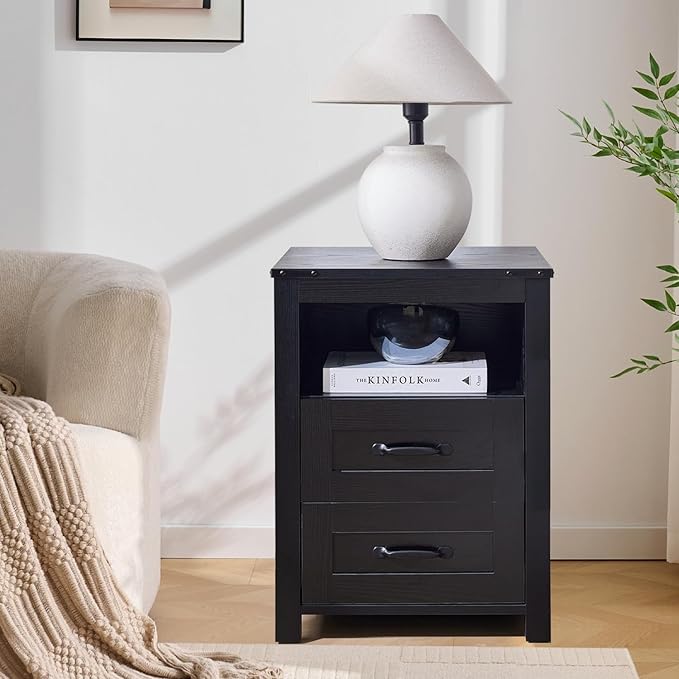 Farmhouse Night Stand Set of 2, Rustic Black Nightstand for Bedroom, End Tables Without Charging Station, Bedside Table with Drawers, Wood Bedside Cabinet Dresser