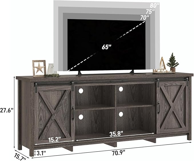 Farmhouse TV Stand for 80 Inch TV with Sliding Barn Door, Rustic Wood Entertainment Center Large Media Console Cabinet Long Television Stands,Console Table and Media Furniture for Living Room(Grey)