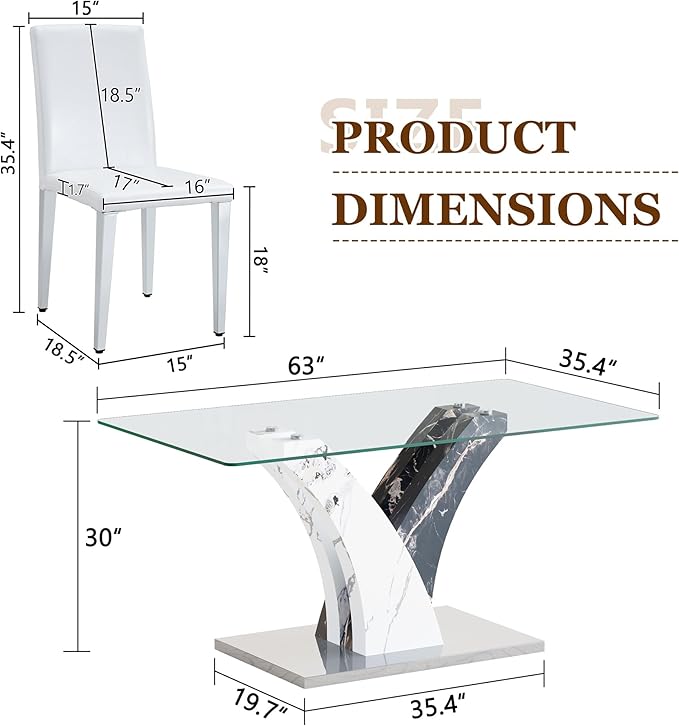 Glass Dining Table Set for 4, 63” Kitchen Table Set for 4, Modern Dining Room Table Set with Upholstered Chairs, Tempered Glass Tabletop with Y Shape Base