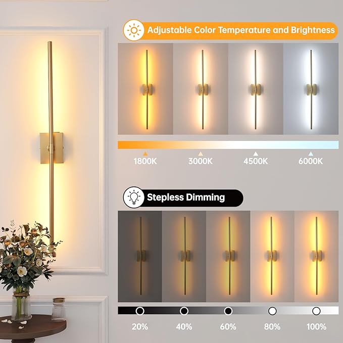 Battery Operated Wall Sconce Set of 2, 5000mAh Rechargeable Wall Sconces with Detachable Battery, Indoor 350°Rotate Wall Lights for Bedroom Living Room, Gold, 31.5 Inch