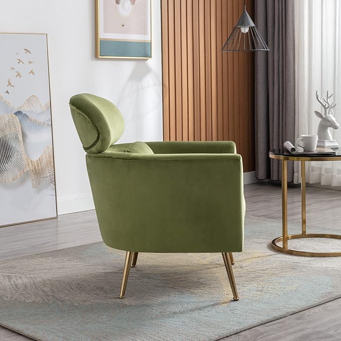 Accent Chair Upholstered Barrel Arm Chair for Living Room Bedroom Reception Room Office, Modern Soft Padded Single Sofa Chair with Golden Legs & Lumbar Pillow, Velvet Green