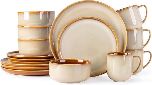 LERATIO Ceramic Dinnerware Sets for 4,16-PieceReactive Glaze Plates and Bowls Set with Mugs,Highly Chip and Crack Resistant | Dishwasher,Microwave & Oven Safe Dishes set-Kahki