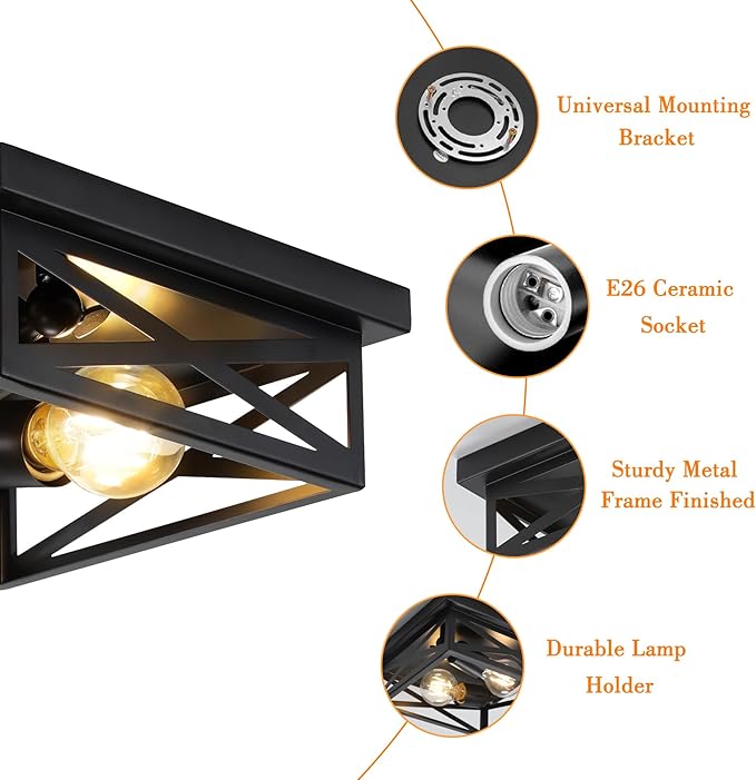 2Pack Vintage Farmhouse Flush Mount Ceiling Light Fixtures, 2-Light Hallway Kitchen Ceiling Light, Industrial Farmhouse Light Fixtures Ceiling Mount for Bedroom