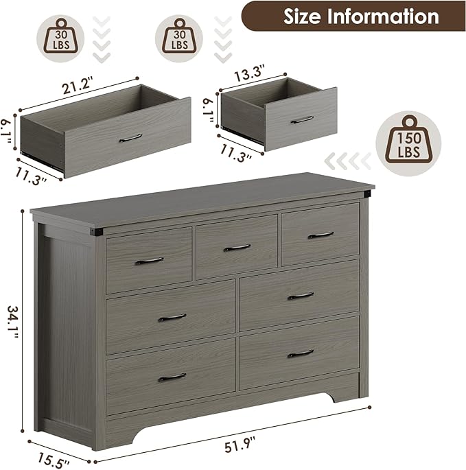 Farmhouse 7 Drawer Dresser for Bedroom, 51" Wide Chest of Drawers, Wooden Dresser TV Stand, Storage Dressers Organizer for Bedroom, Living Room, Hallway, Grey