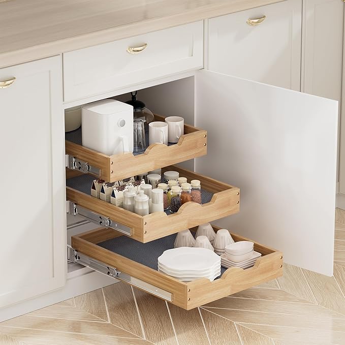 DINDON 3 Tier Pull Out Cabinet Organizer 17”W X21”D Slide Out Shelves With Shelf Liner for Kitchen Wood Roll Out Drawers Pantry Organization