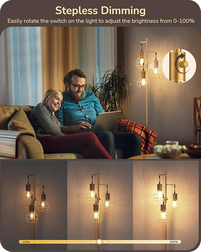 EDISHINE Dimmable Farmhouse Floor Lamp for Living Room, Industrial Standing Lamp with 3 LED Edison Bulbs, Corner Rustic Rattan Tall Tree Reading Lamps Home Decor for Bedroom, Office, Gold