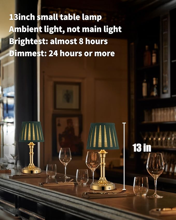 KDG Cordless Portables Table Lamp Set of 2, LED Fabric Shade Small Desk Lamps, 5000mAh Battery Powered Lighting, 2700K Stepless Dimmable Light for Living Room, Dining Room, Bedroom (Bronze+Green)