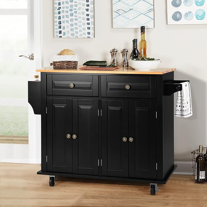VOWNER Rolling Kitchen Island, Portable Kitchen Island with Storage, Floating Kitchen Cart with Spice Rack & Towel Rack, Drawer and Storage Cabinet, Isla para Cocina (Black)