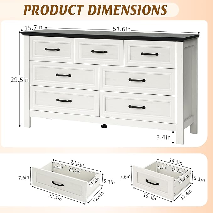Farmhouse 7-Drawer Dresser for Bedroom, 52" Wide Wood Chest of Drawers with Large Metal Handles, White Dressers Storage Organizer for Bedroom, Living Room & Hallway