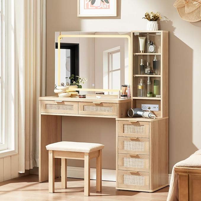 LEYAOYAO Rattan Vanity Desk with Mirror and Lights, 43.5'' Boho Makeup Vanity with 6 Drawers and Adjustable Shelves, Natural Wood Make Up Vanity Dressing Table with Glass Top, Power Outlet for Bedroom