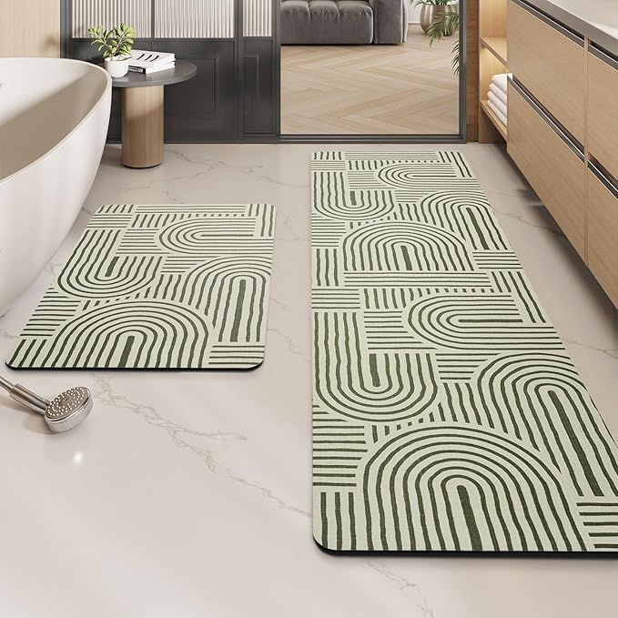 MontVoo -Bath Mat-Non Slip Thin Bathroom Rugs Fit Under Door- Quick Dry Absorbent Faux Suede Surface Grey Bathroom Floor Mats-Shower Rug for in Front of Bathtub Shower Ivory & Green Arched 17x27.5