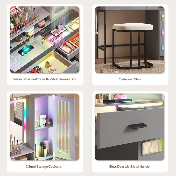 RGB Vanity Desk with Mirror and Lights, Glass Top Makeup Vanity with 6 Drawers & Wireless Charging,Vanity Table Set with RGB Cabinet Light and Jewelry Box, for Girls Bedroom,Grey