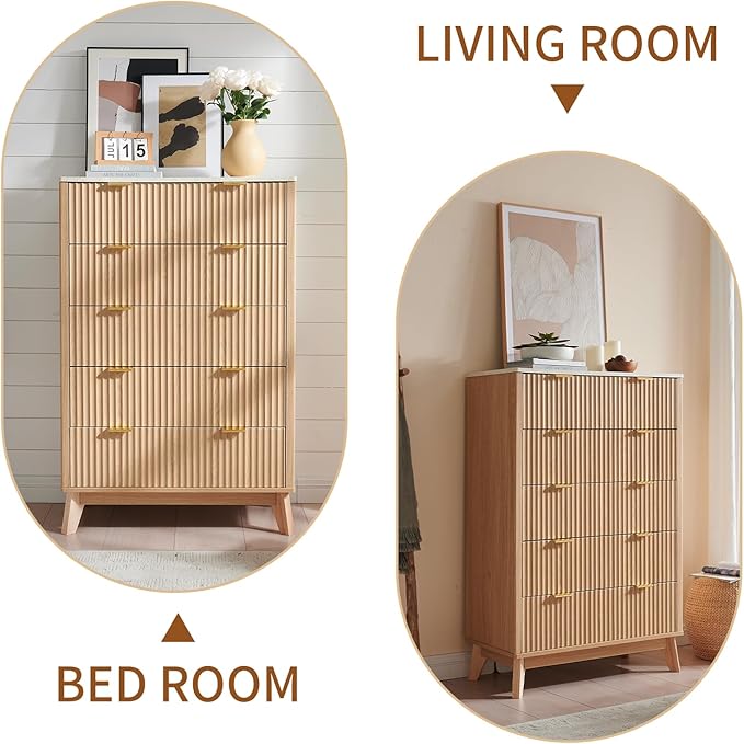 Fluted 5 Drawers Dresser for Bedroom, 48" Tall Modern Chest of Drawers with Metal Handle, Farmhouse Dresser TV Stand, Wood Drawer Organizer for Bedroom, Living Room, Hallway (Natural Oak)