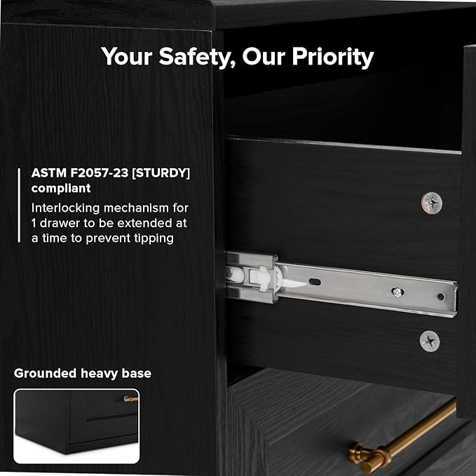 mopio Blake 3 Drawer Dresser for Bedroom, Chest of Drawers, Wood Organizer, Modern Farmhouse, Tall Night Stand, Enhanced Safety, Sturdy Compliant (1, Black Oak, One Size)