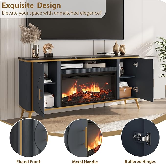 Fluted Fireplace TV Stand Up to 80" TVs, Modern Entertainment Center with 30" Electric Fireplace, Luxury Media Console with Adjustable Shelves for Living Room, Navy Blue