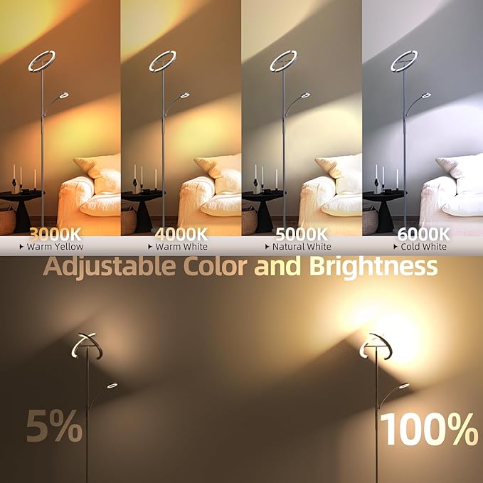 FIMEI Split Floor Lamp Modern LED Rotatable Floor Lamp with Reading Light, Eye-Protection Reading Standing Lamp with Stepless Dimming and 3000K-6000K Color, Separately Rotatable Design, Gray