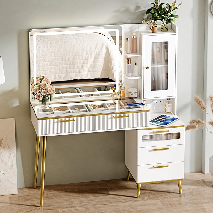 Vanity Desk with 29.53" HD Lighted Mirror, 47.24" Big Modern Vanity Desk with Mirror and Lights, Makeup Vanity with 5 Drawers and Storage Shelves and Charging Station, White
