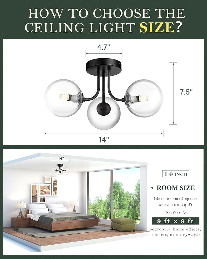 3-Globe Black Flush Mount Ceiling Light in a Modern Farmhouse Design is Ideal for Living Rooms, Bedrooms, or Dining Rooms. Model:CKCL4845-3W-CLBK