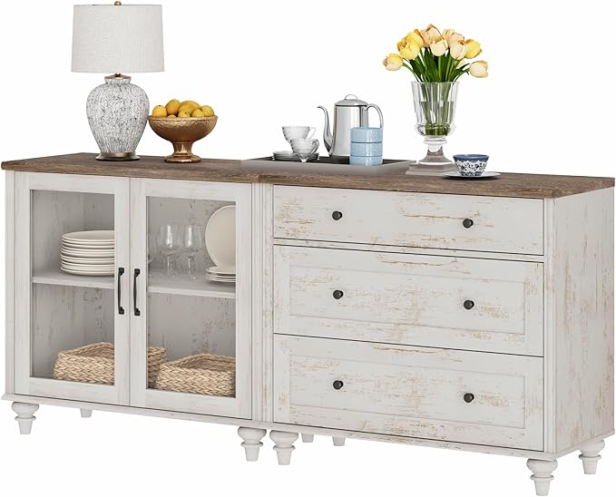 WAMPAT TV Stand for 75 Inch TV, Wood TV Cabinet Entertainment Center Television Stands for Living Room, 2-in-1 Sideboard Buffet Cabinet with Glass Door & Drawer for Kitchen, Rustic White