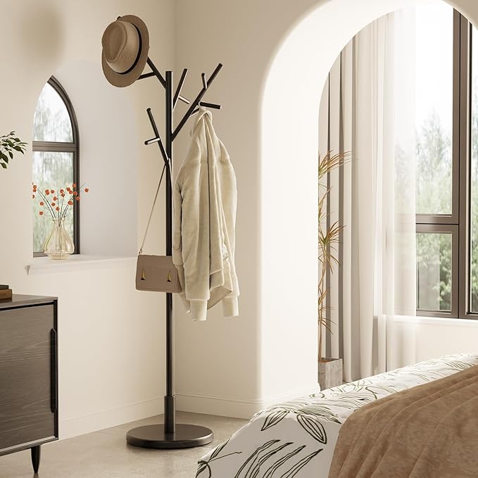 Coat Rack, Solid Wood Coat Rack Freestanding with 12 Hooks, Coat tree freestanding 3 Adjustable Heights for coat, Hats, Handbags， Coat Stand for Entryway, Bedroom (Black)