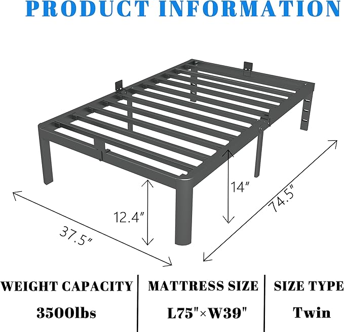 14 Inch Twin Bed Frames, Black Bed Frame Twin Size with Metal Baffles, No Box Spring Needed, Heavy Duty Steel Platform Supprt, Rounded Corner Design, Reserved Holes, Storage Space, Noise Free