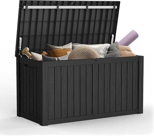 Mars Villa 150 Gallon Outdoor Storage Box, Large Resin Deck Box Waterproof, for Pool Supplies Storage, Outdoor Patio Furniture Cushions, with Hydraulic Hinge, UV-Resistant and Weatherproof, Black