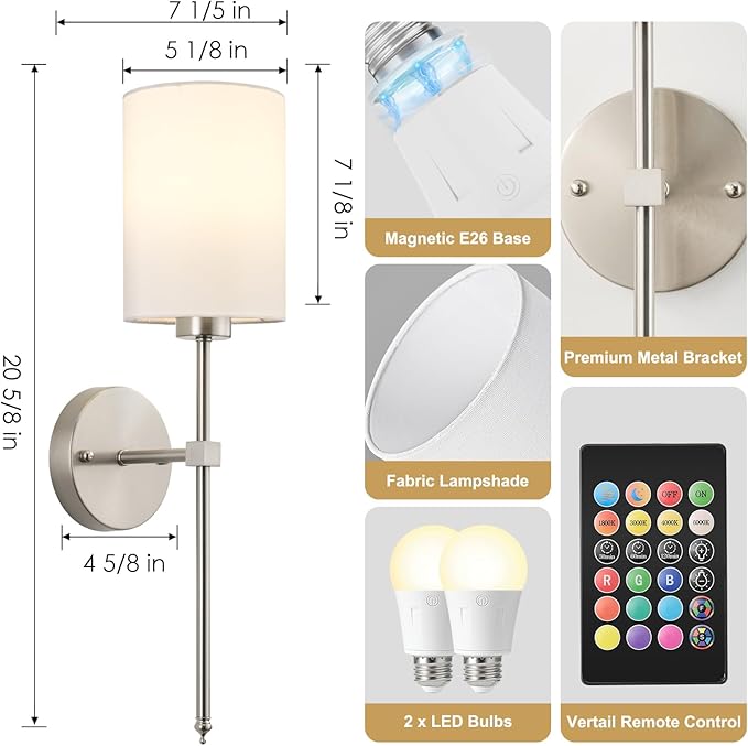 Battery Operated Wall Sconces Set of Two,Wireless Rechargeable Wall Light With Remote Control, Dimmable, Amber Light/Warm White/Natural White/Daylight/RGB,Timer,for Living Room,Bedroom,Entryway,Nickel