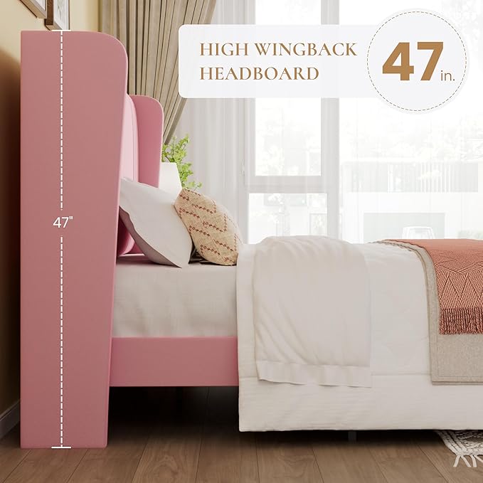 SHA CERLIN Full Size Velvet Upholstered Platform Bed Frame with Vertical Channel Tufted Wingback Headboard, Wooden Slats Support, Easy Assembly, Under Bed Storage, No Box Spring Required, Pink