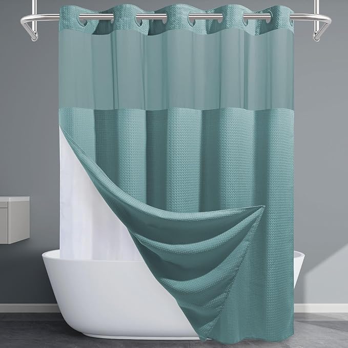 Teal No Hook Shower Curtain with Snap in Liner,230GSM Waffle Weave Shower Curtains for Bathroom,71W x 74H