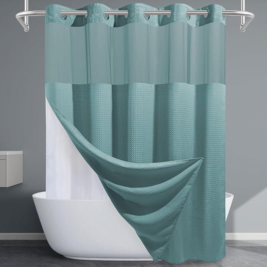 Teal No Hook Shower Curtain with Snap in Liner,230GSM Waffle Weave Shower Curtains for Bathroom,71W x 74H