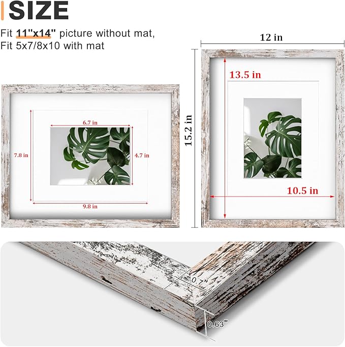Egofine 11x14 Picture Frame Rustic White - Photo Frame Made of Solid Wood Covered by Plexiglass for Table Top Display Pictures 5x7/8x10 with Mat or 11x14 Without Mat - with Wall Mounting Hardware