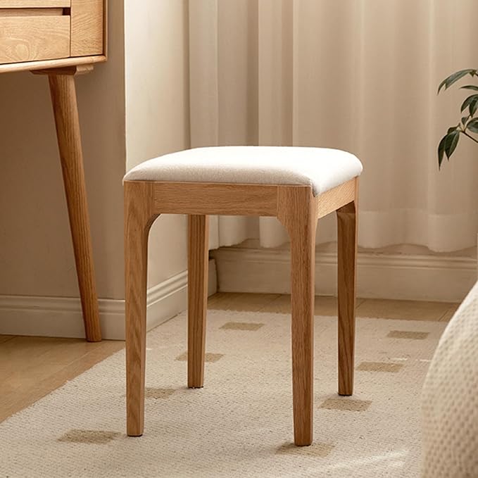 Solid Wood Small Vanity Stool Chair, High-Rebound Sponge Seat, Fully Assembled Makeup Chair, Footstool for Bedroom, Dining Room, Entryway, Natural Oak