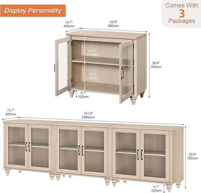 WAMPAT 100 Inch TV Stand with Glass Door, Wood TV Cabinet Entertainment Center for 75/80/85 Inch TV, 3-in-1 Kitchen Buffet Cabinet with 6 Storage Cabinets for Dining Room & Living Room, Light Oak