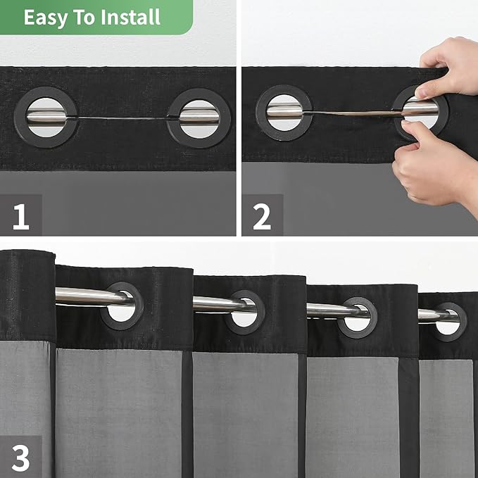 Black No Hook Shower Curtain with Snap-in Fabric Liner Set,Slub Textured Fabric Shower Curtains for Bathroom,Hotel Style Modern Shower Curtain,Water Repellent & Washable,71x77(75)