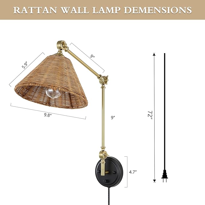 WINGBO Wall Sconce Rattan Wrapped Wall Lamp, Adjustable Swing Arm Wall Light Foldable Gold Light Fixture Vintage Bedside Light Wicker Handmade Shade Reading Light Plug in or Hardwire Gold/Black