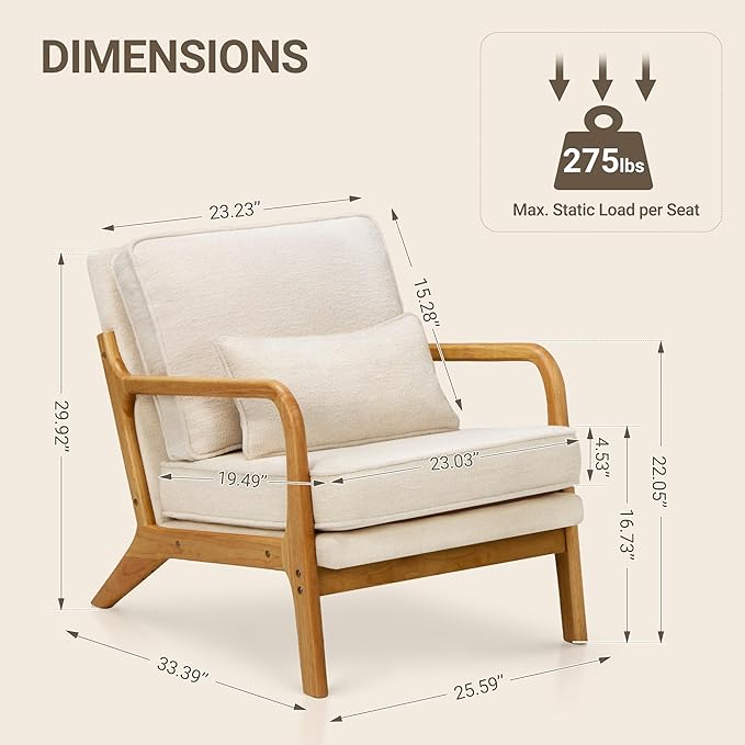 COLAMY Mid Century Modern Accent Chair with Lumbar Pillow, Relaxing Armchair with Solid Wood Frame & Soft Cushion, Reading Leisure Chair for Living Room,Bedroom,Waiting Room（Beige）