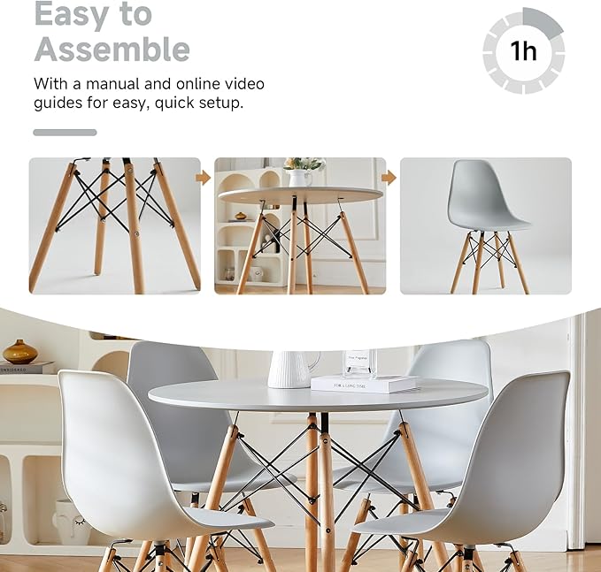 Round Dining Table Set for 4 35.5" Wood Dinner Table Circle Dining Table Kitchen Table Chairs Set of 4 with Wood Strip Base for Kitchen Living Room Space Saving Apartment(Grey)