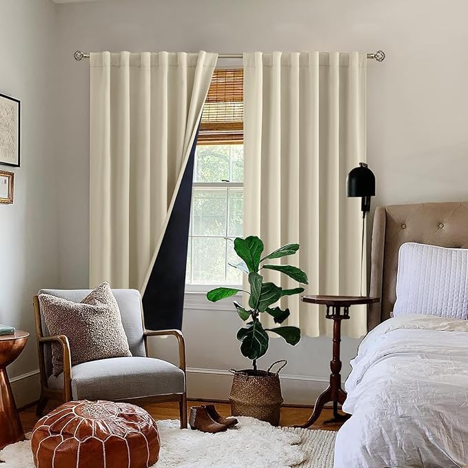 BGment Beige Full Blackout Curtains with Thermal Insulation Liner Curtains 63 Inches Long，Rod Pocket and Back Tab Double Layer Room Darkening Window Curtain for Bedroom(52 x 63 Inch, 2 Panels, Beige)