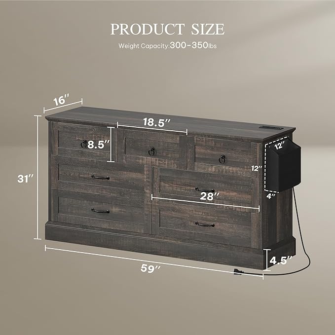 DWVO Farmhouse 7 Drawers Dresser, 59" Wide Wood Rustic Chest of Drawers with Nice Texture, Vintage Design, Storage Dressers Organizer for Living Room, Hallway, Dark Rustic Oak