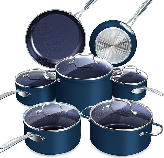 Nuwave Healthy Duralon Blue Ceramic Nonstick Cookware Set, Diamond Infused Scratch-Resistant, PFAS Free, Dishwasher & Oven Safe, Induction Ready & Evenly Heats, Tempered Glass Lids & Stay-Cool Handles